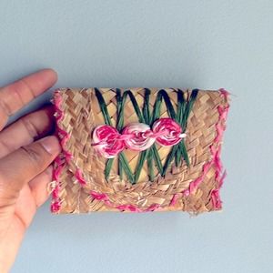 Vintage | Handmade Bahamas Souvenir Straw Coin Purse Wallet Pink Green